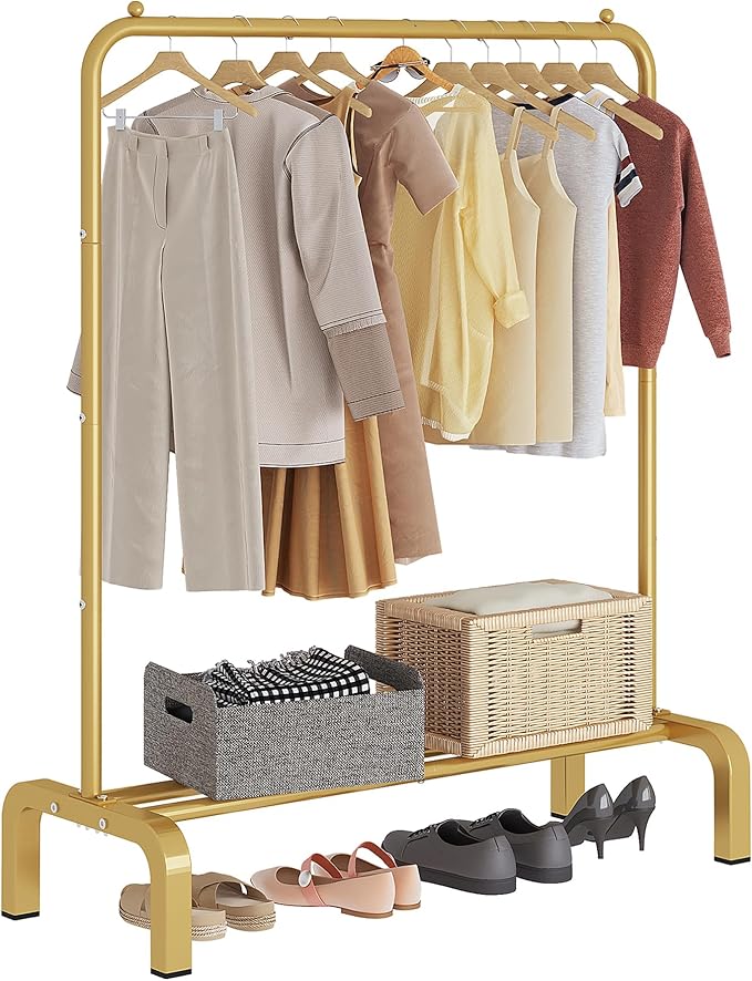 JIUYOTREE Standard Clothes Clothing Garment Rack with Storage Shelves Clothes Organizer for Hanging Clothes Coat Jacket Shirt Sweater Jeans Gold