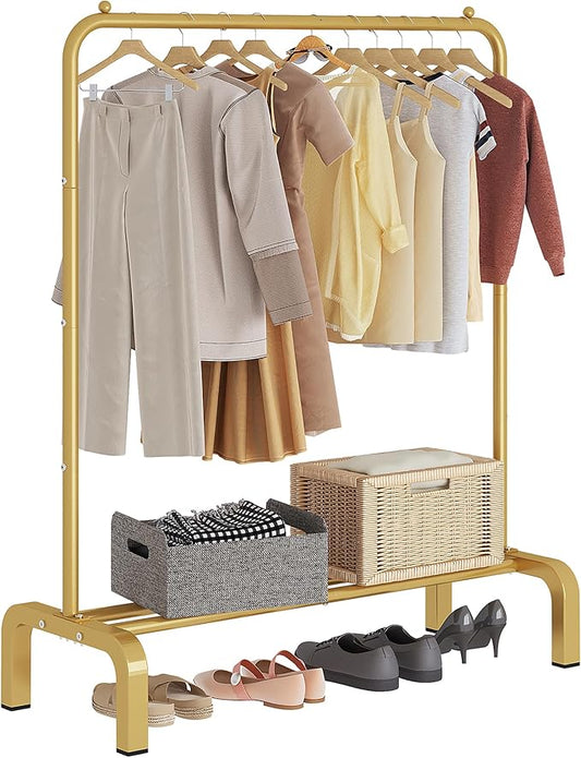 JIUYOTREE Standard Clothes Clothing Garment Rack with Storage Shelves Clothes Organizer for Hanging Clothes Coat Jacket Shirt Sweater Jeans Gold