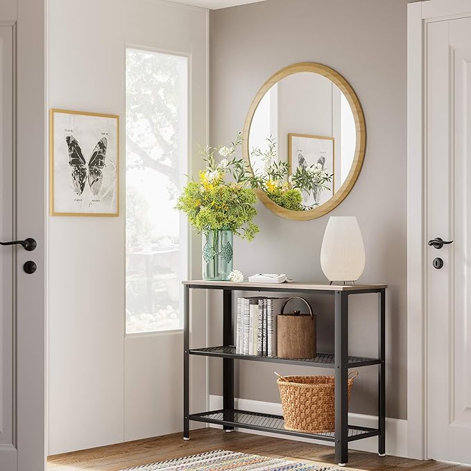 VASAGLE 40" Industrial Console Table, 3 Tier Entryway Table with Storage Shelf, Narrow Sofa Table for Living Room, Hallway, Entrance Hall, Corridor, Bedroom, Greige and Black ULNT081B02