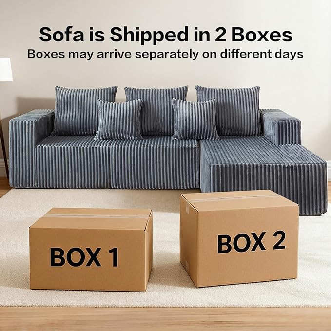 Boneless Couch, Memory Foam Couch in a Box, 100.7" Modular Sectional Couches Corduroy Fabric, Modern Sofa with Deep Seat, Compressed Sofa for Living Room, Bedroom (Grey, Right Facing Chaise)
