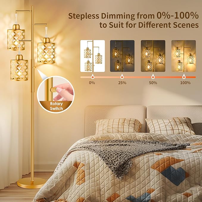 68" Dimmable Floor Lamp, Modern Standing Lamp with Elegant Metal Cage, Industrial Tall Tree Floor Lamps for Living Room, Bedroom, Study Room, Office (2000LM LED Bulbs Included) - Gold