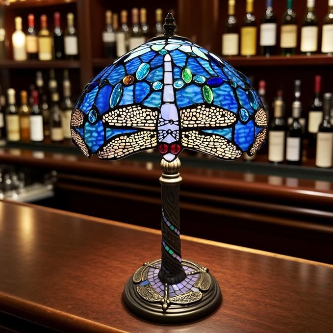 Tiffany-Style Table Lamp, 12" Blue Dragonfly Handmade Stained Glass Lamp Shade, Vintage Reading Light for Bedroom Living Room, LED Bulb Included