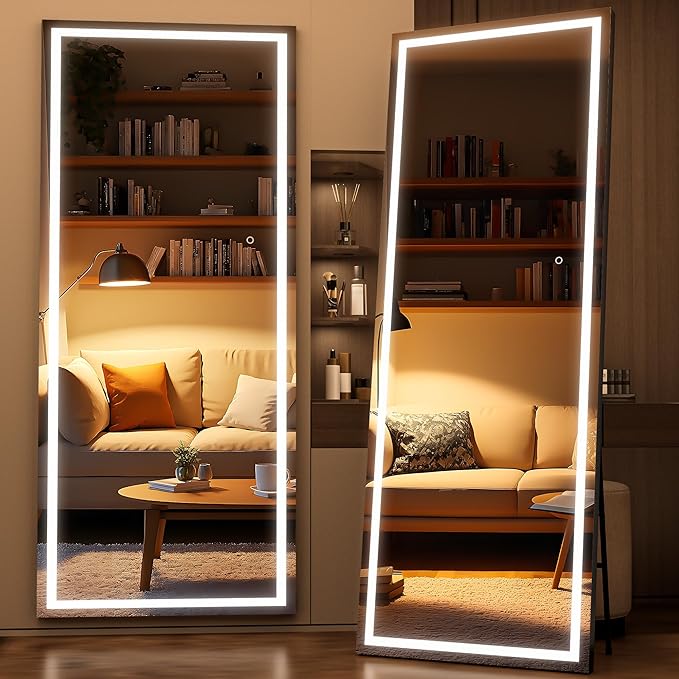 Full Length Mirror with Lights, 75" x 28" LED Lighted Floor Standing Mirror, Tempered Glass, Square Black