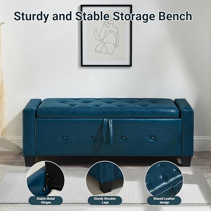 48" Faux Leather Ottoman with Storage, Tufted Storage Ottoman Bench with Safety Hinge, Rectangular Extra Long Bench for Bedroom, Living Room, Entryway and Window, Blue