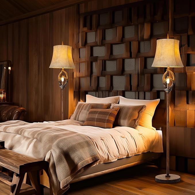 Scenekoy Rustic Farmhouse Antlers Floor Lamp with Night Light Faux Leather Bell Shade Brown Finish Tall Industrial Tall Standing Lamp Decor for Living Room Bedroom Hotel Office (Bulb Included)