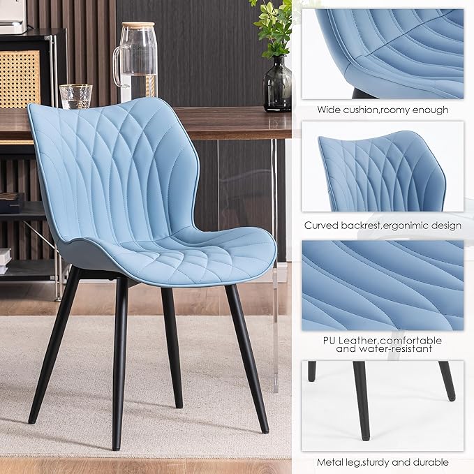 Kidol & Shellder Modern Dining Chairs Set of 2 Comfy Dining Room Chairs with Thick Cushions PU Leather Upholstered Kitchen Side Chairs with Metal Legs Blue