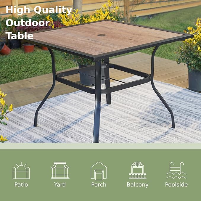 PHI VILLA 37" Square Patio Dining Table Outdoor Furniture Table for Backyard Bistro Garden Deck, Imitation Wood Table Top, 1.57” Umbrella Hole
