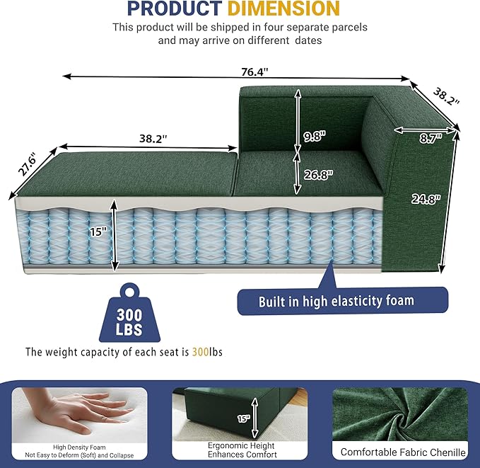 76" Sectional Compressed Sofa Modular Couches,High-Density Foam No Assembly Required, 2-Piece(1x Corner 1x Ottoman) for Living Room, Chenille Green