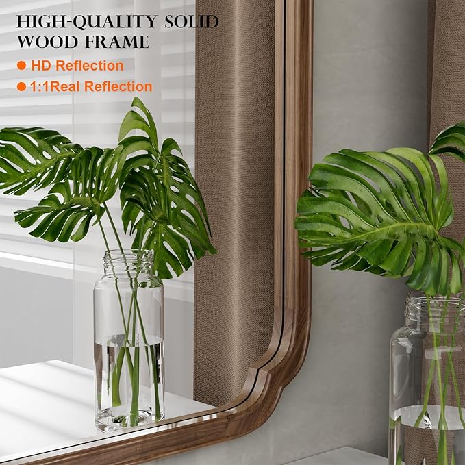 WallBeyond 30" x 40" Wood Bathroom Mirror for Wall Mounted, Rustic Rounded Corner Vanity Mirror for Entryway, Living Room or Bedroom Home Decorative [30" x 40" Walnut Color]