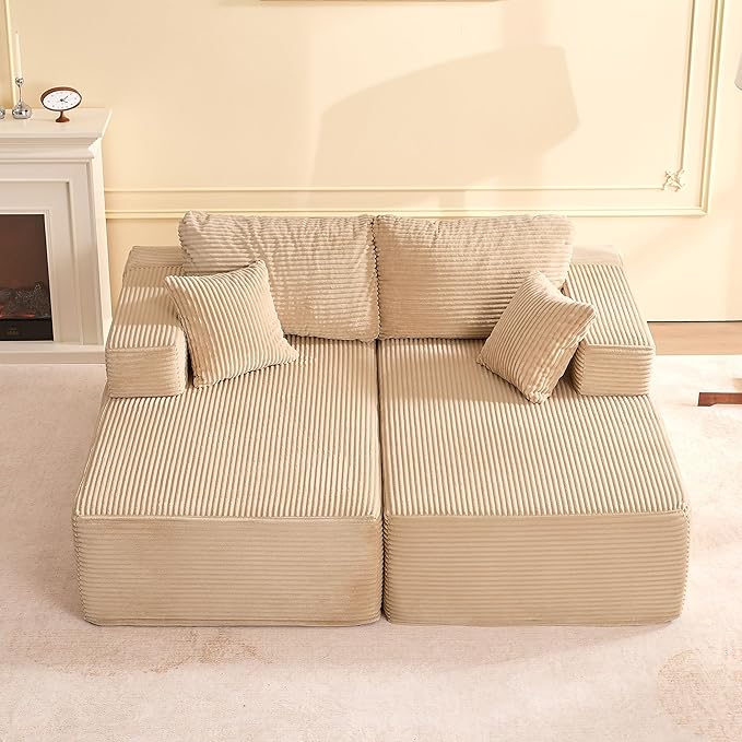 Chaise Lounge Chair, Boneless Couch for Living Room and Bedroom, Sleeper Couches Reading Chairs, Corduroy, Camel