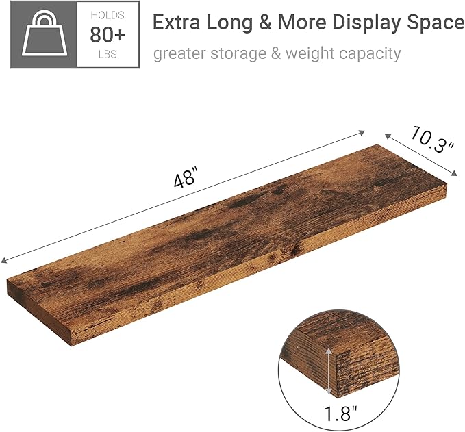 Vivelove Farmhouse Single Floating Shelves for Wall 48 in x 10.3in x 1.8in, Large Wall Long Shelves Heavy Duty 80 lbs for Bedroom, Living Room, Kitchen, Office, Rustic Shelf Book Home Decor, Brown