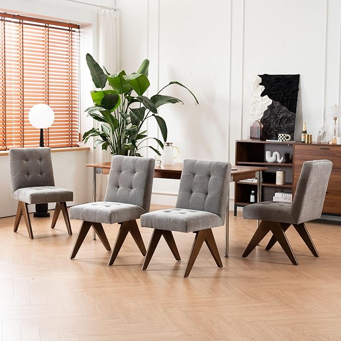 Rowill Modern Upholstered Dining Chairs Parsons Chair Linen Fabric Kitchen Chairs Tufted Armless Dining Room Chairs with Wood Legs Set of 4, Light Grey