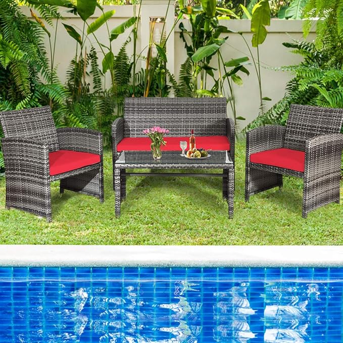 Tangkula 4 PCS Wicker Patio Conversation Set, Outdoor Rattan Sofas with Table Set, Patio Furniture Set with Soft Cushions & Tempered Glass Coffee Table for Poolside Balcony