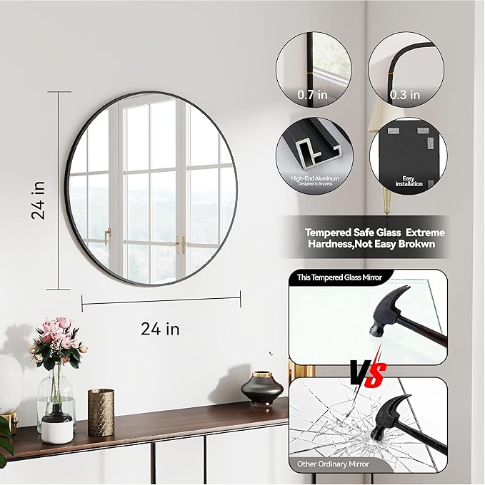 24" Round Mirror Circle Wall Mounted Hanging or Against Wall Aluminum Alloy Metal Frame Dressing Make-up Mirrors for Entryway Bedroom Bathroom Living Room 24 inch Black