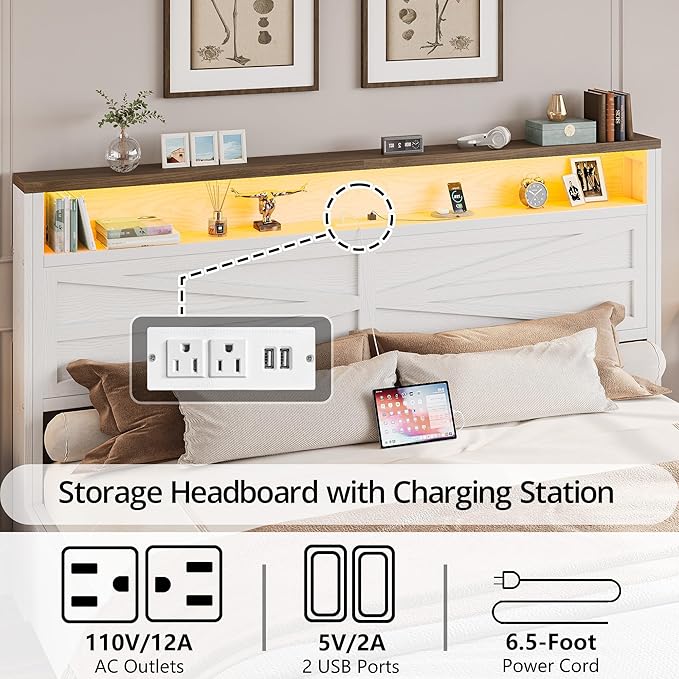 IRONCK Farmhouse King Size Bed Frame with LED Light and Charging Station, Wood Bed Frame with Storage Headboard and 2 Drawers， Barn Door Design, Sturdy and Noiseless, White
