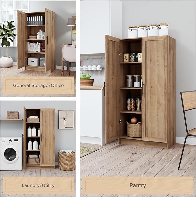 Prepac Natural Oak Elite 65" Tall Accent Kitchen Pantry Cabinet, Craft or Bathroom Storage Cabinet, Buffet Storage with Panel Doors, 3 Shelves, 32" W x 16.75" D x 65" H, Ideal for Home Organization