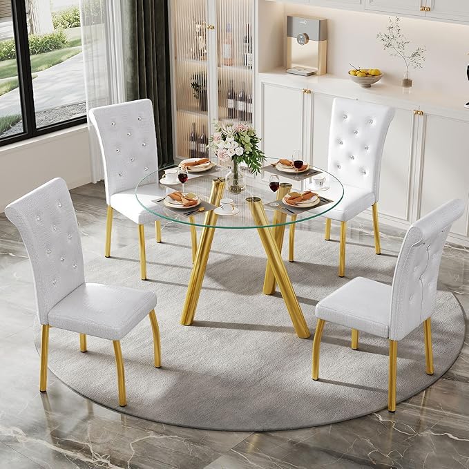 35" Round Dining Table for 4, Modern Round Glass Dining Table with Gold Metal Legs, Round Kitchen Table for Dining Room Home Office Small Spaces
