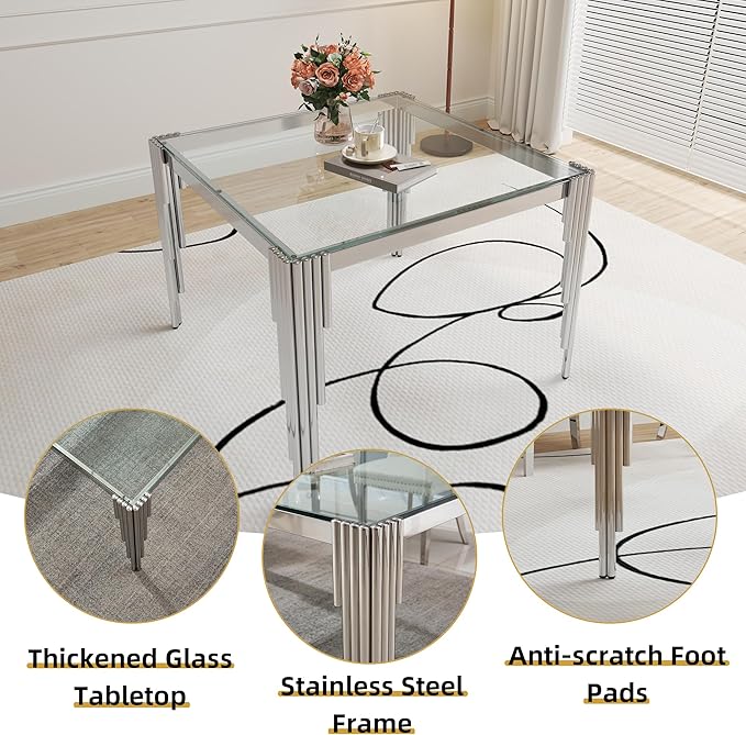 35" Square Glass Dining Table for 2-4, Modern Silver Tempered Glass Kitchen Table with Stainless Steel Legs for for Small Space, Kitchen, Living Room