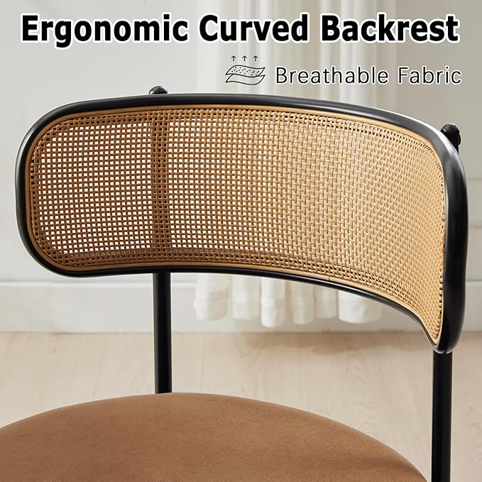 Rattan Dining Chairs Set of 6, Mid Century Modern Dining Chairs with Cane Back and Boucle Upholstered Seat, Farmhouse Kitchen Chairs for Dining Room and Living Room, Brown