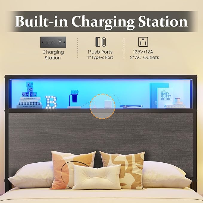 Lifezone Twin Bed Frame with 2-Tier Storage Headboard, Metal Platform Bed Frame with 4 Storage Drawers, Built in Charging Station & LED, Noise-Free/Metal Support/No Box Spring Needed, Rustic Grey