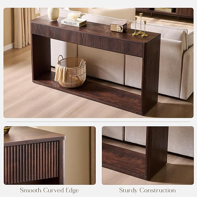 OKD 63" Fluted Console Table for Entryway, Modern Entryway Table with 2 Large Drawers, Long Sofa Table Behind Couch for Living Room, Hallway, Couch, Foyer，Dark Walnut