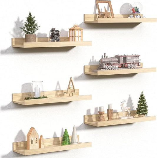 upsimples Floating Shelves for Wall, Wall Shelves for Decor Storage Set of 6, Wall Mounted Wood Shelf for Bedroom, Living Room, Bathroom, Kitchen, Picture Ledge Shelves, Natural