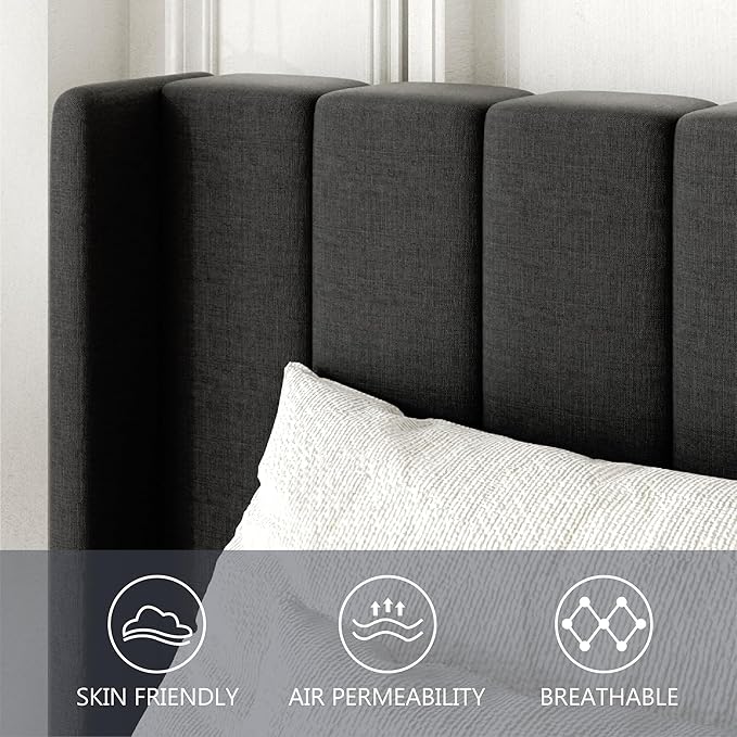 Full Size Bed Frame with Upholstered Wingback Headboard, Easy Assemnly Platform Bed, Wooden Slat Support No Box Spring Needed, Dark Gray