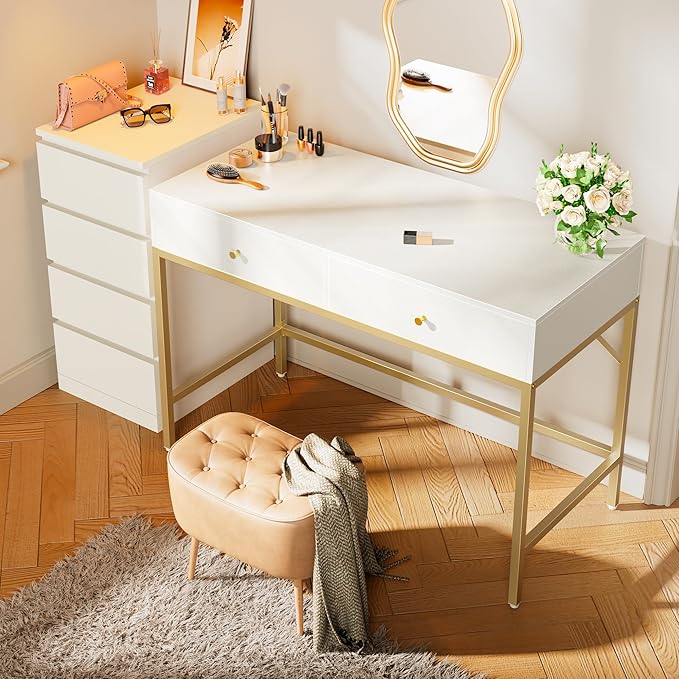 SUPERJARE Vanity Desk with Drawers, 47 inch Computer Desk, Modern Simple Home Office Desks, Makeup Dressing Table for Bedroom - White and Gold, 7997G