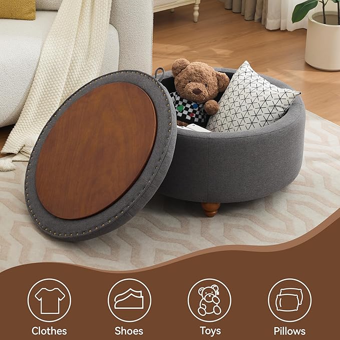 30Inch Round Storage Ottoman with Tray, Modern Tufted Fabric Circle Coffee Table with Storage, Upholstered Ottoman with Removable Top for Living Room, Bedroom, Dark Grey