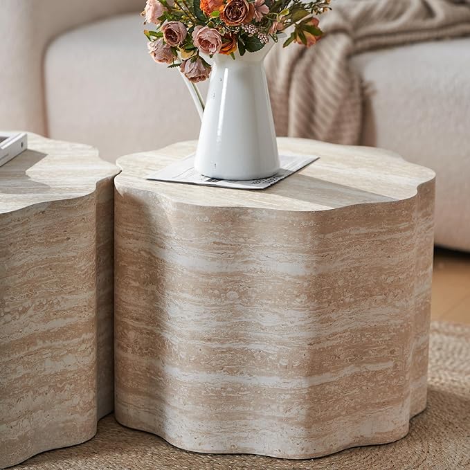 Round Coffee Tables Set of 2 for Living Room,Faux Mars Pattern Modern Minimalist Side Accent End Table for Apartment,Office(Beige Brown,26.7" & 23.6")
