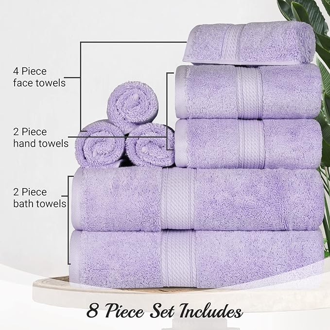 Superior Egyptian Cotton Pile 8 Piece Towel Set, Includes 2 Bath, 2 Hand, 4 Face Towels/Washcloths, Ultra Soft Luxury Towels, Thick Plush Essentials, Guest Bath, Spa, Hotel Bathroom, Purple