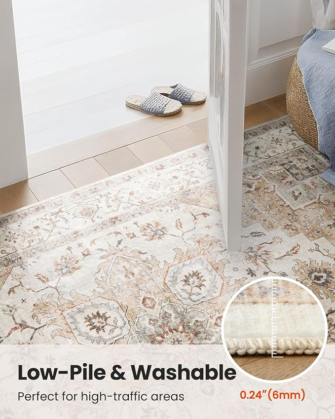 Amada 8x10 Area Rugs, Low-Profile Large Washable Area Rug with Non-Slip Backing & Durable Edge Binding, Vintage Rugs for Living Room, Bedroom, Dinning Room