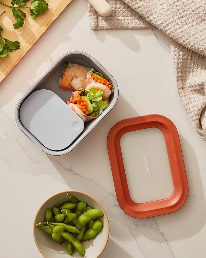 Caraway 6pc Glass Food Storage Set - 2.6 Cup Storage Containers For Food (6) - Non-Toxic Ceramic-Coated Glass - Air Release Technology - Compact & Stackable Design - Perracotta