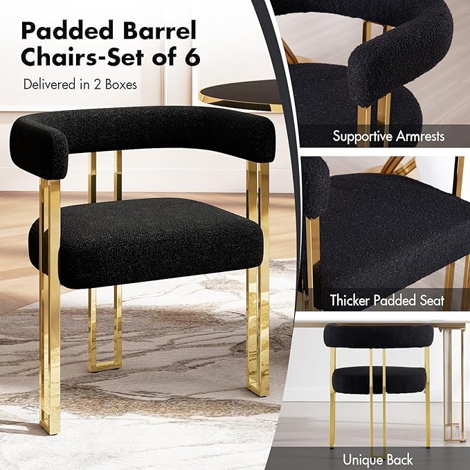 Set of 6 Modern Black Boucle Dining Chairs with Gold Metal Legs, Mid Century Accent Upholstered Barrel Armchairs with Open-Back for Kitchen, Dining Room, Living Room, Apartment