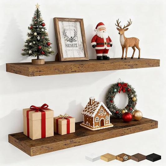 Fun Memories Floating Shelves for Wall, 32 Inch Rustic Wood Wall Mounted Shelves for Bathroom, Bedroom, Kitchen, Living Room, Deep Floating Shelves for Storage & Home Decor (Brown,Set of 2)