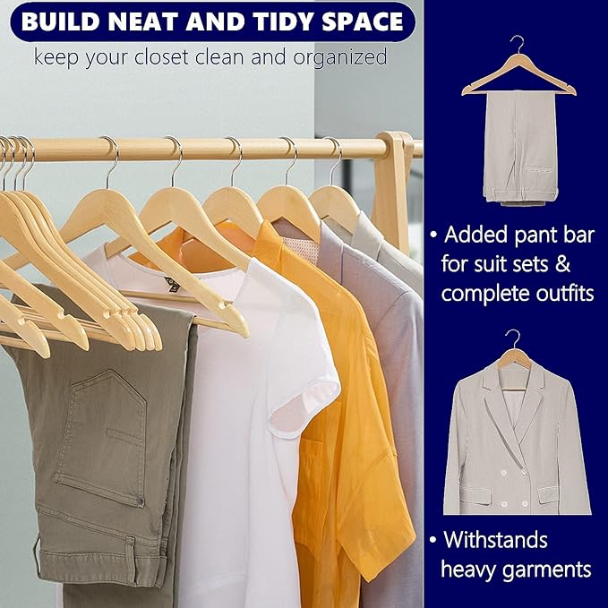 Amber Home 20 Pack Wooden Coat Hangers, Natural Wood Suit Hangers with Non Slip Pant Bar, Clothes Hangers for Shirts, Jackets, Dress, Pant (Natural, 20)