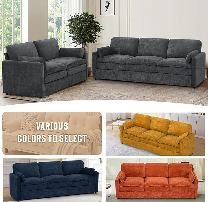 89" Chenille Soft Sofa w/Well-Filled Backrests, Modern Couch w/Plump Pillows, 3 Seater Upholstered Couch w/Thick & Comfy Cushions for Living Room, Bedroom, Grey