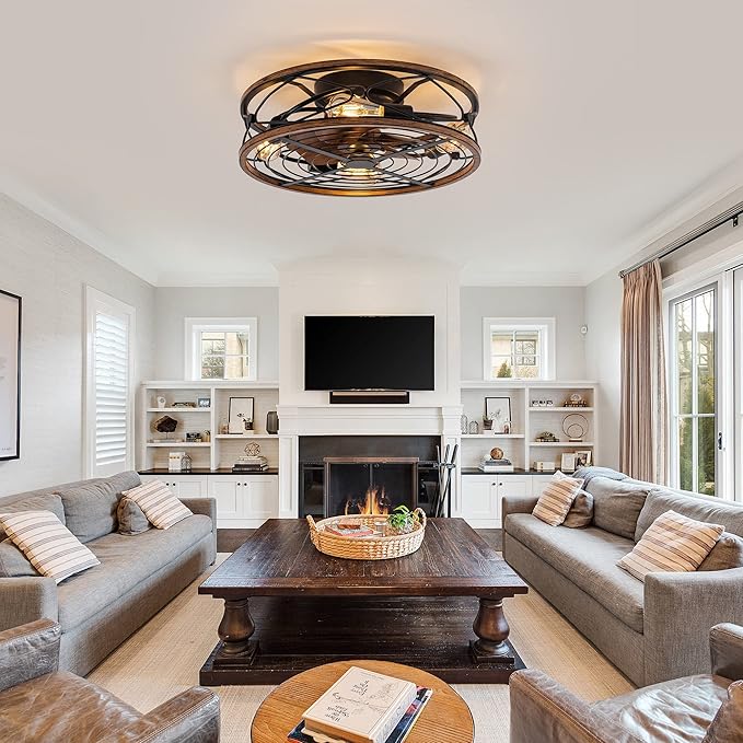 TIFEROR 20" Low Profile Caged Ceiling Fans with Lights and Remote, Farmhouse Flush Mount Ceiling Fan with 3 Speeds Reversible Motor, for Kitchen, Bedroom (Bulbs Included)