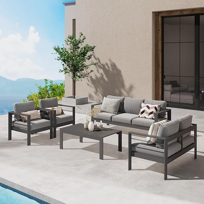 Wisteria Lane Aluminum Outdoor Patio Furniture Set,7 Seats Modern Patio Conversation Sets, Outdoor Sectional Metal Sofa with 5 Inch Cushion and Coffee Table for Balcony, Garden, Dark Grey