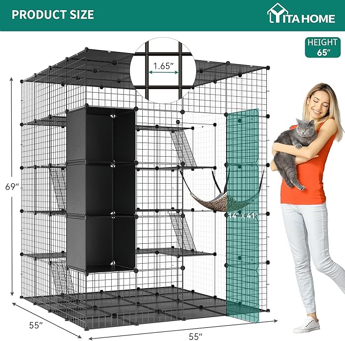 YITAHOME 5-Tier Cat Cage Indoor Large, Cats Enclosure with Storage Cube DIY Outdoor Metal Cat Playpen with Hammock for 1-4 Cats Cat Kennel Catio