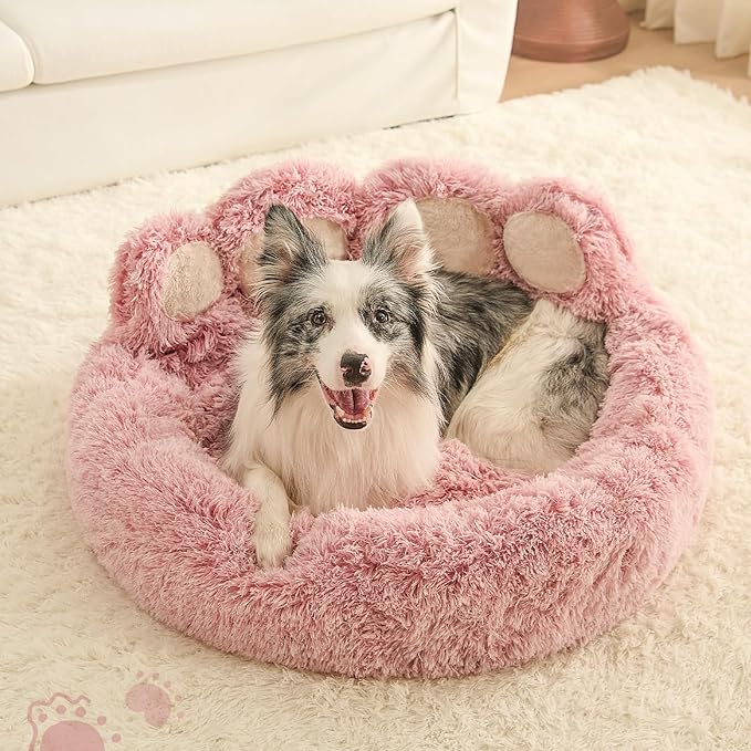 Jiupety Paw Shape Calming Pet Bed, Medium Plush Faux Fur Donut Bed for Dogs & Cats, Machine Washable, Non-Slip Bottom, Extra Large Size (32"×32"×10"), Pink