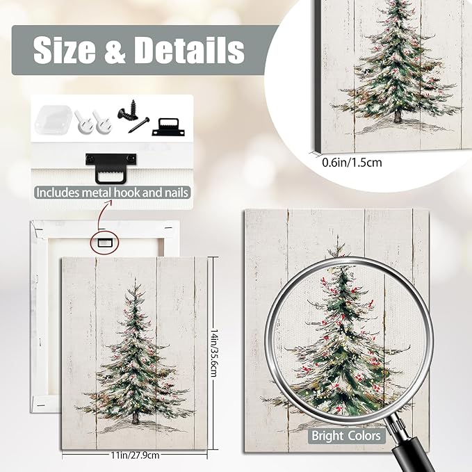Retro Christmas Tree Canvas Wall Art - Vintage Pine Forest Framed Canvas Prints for Farmhouse Living Room, Rustic Christmas Wall Decor, Cozy Winter Decor & Ideal Christmas Gifts