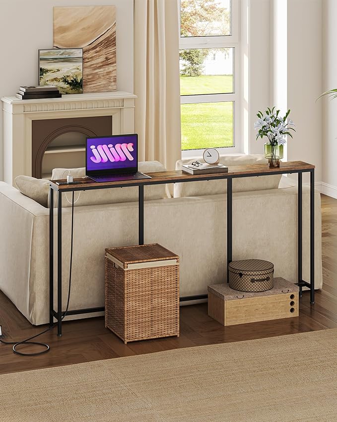 62.99" Narrow Console Table with Power Outlet 7.1" Skinny Sofa Long Behind Couch Table with Charging Station for Hallway, Living Room Rustic Brown and Black TXG16UBF