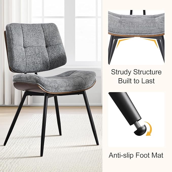 Dining Chairs Set of 4,Mid Century Modern Kitchen Chairs with Walnut Bentwood Back and Metal Legs,Upholstered Fabric Dining Room Chairs for Kitchen, Living Room,Grey