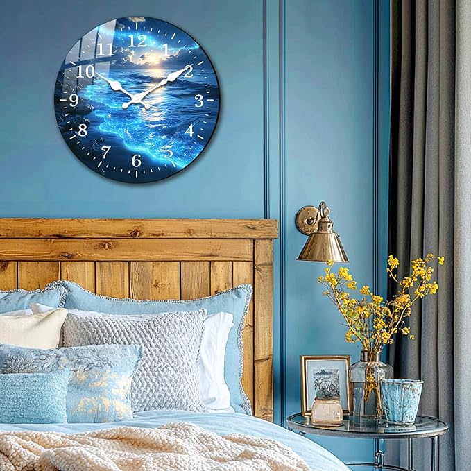 Large Coast Wooden Wall Clock 16 inch Blue Tears Beach Wall Clock Modern Silent Analog Clock for Office, Living Room Decor Battery Operated
