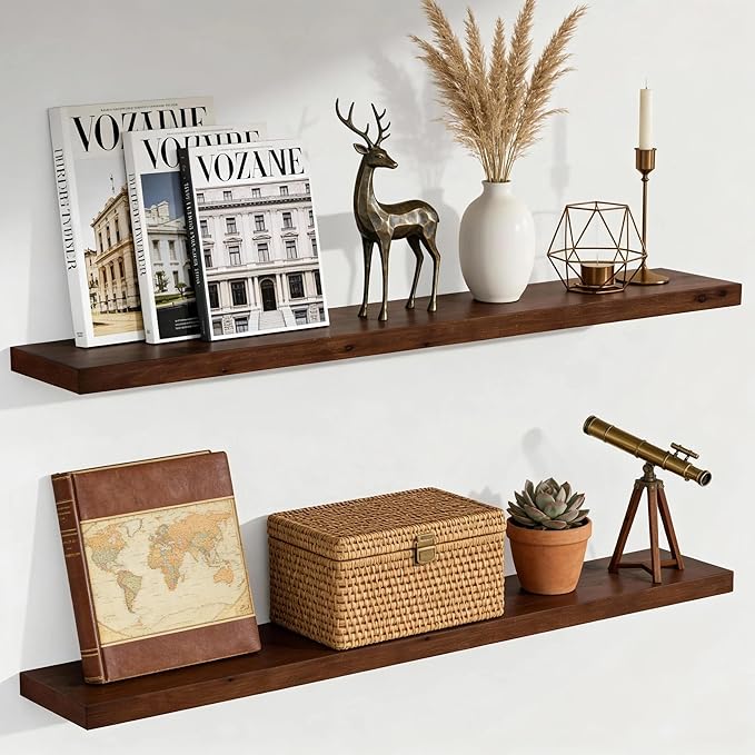 foxsky 60 Inch Solid Pine Wood Floating Shelves for Wall with Hidden Brackets, Rustic Farmhouse Wall Mounted Shelf for Bathroom, Living Room, Bedroom, Kitchen, Office Decor (Walnut)