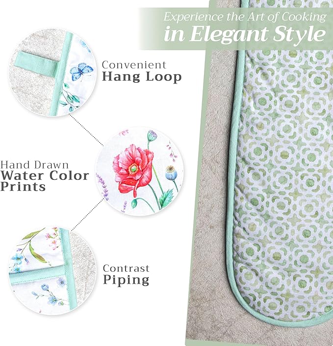 Maison d' Hermine Double Oven Mitts 100% Cotton 7"x35" Double Oven Mitt Heat Resistant BBQ Cooking Gloves with Loop, Baking, Grilling, Home, Kitchen, Handling Hot Pans Spring Summer (Just Floral).
