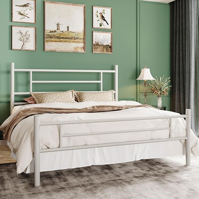SHA CERLIN 14 Inch Queen Size Metal Bed Frame with Iron-Art Headboard and Footboard,Under Bed Storage Space,Platform Bed with Metal Slats Support,Easy Assembly,Noise Free,No Box Spring Needed,White