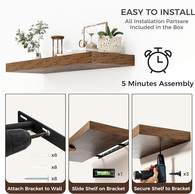 Floating Shelves for Wall, 40" W x 12" D x 2" H, 1 Pack of Long Wall Mounted Engineered Wood Shelves with Invisible Brackets for Living Room, Bedroom, Bathroom, Kitchen Decor, Brown