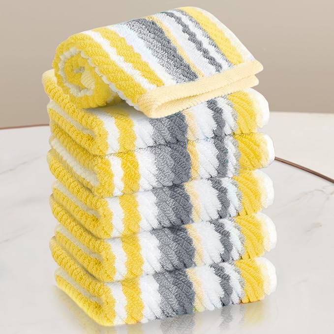 Yellow Striped Washcloths 6PC - 100% Cotton, Quick Dry, Soft, Absorb & Lightweight, Washcloth 13"x13", Striped Wash Cloth Decorative Set, Luxury Wash Cloths Set for Bathroom, Yellow + Gray